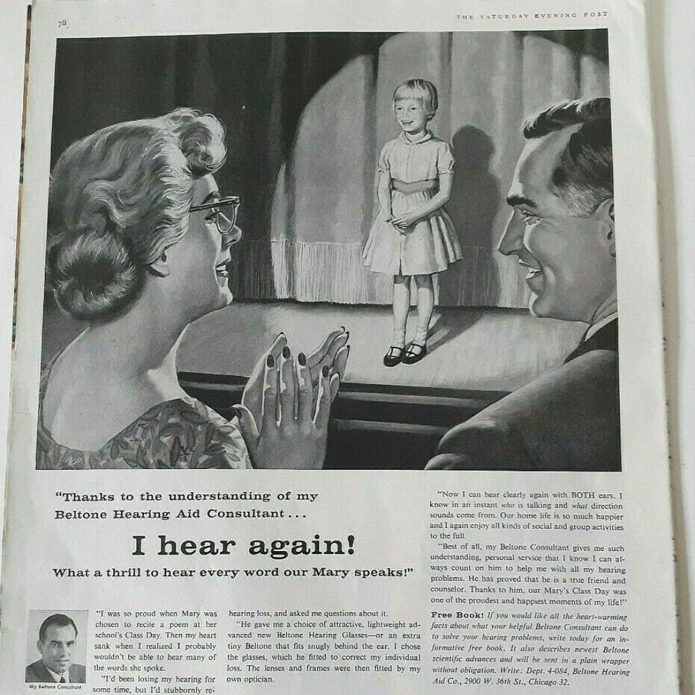 1960 Vintage Beltone Hearing Aid Print Ad Girl